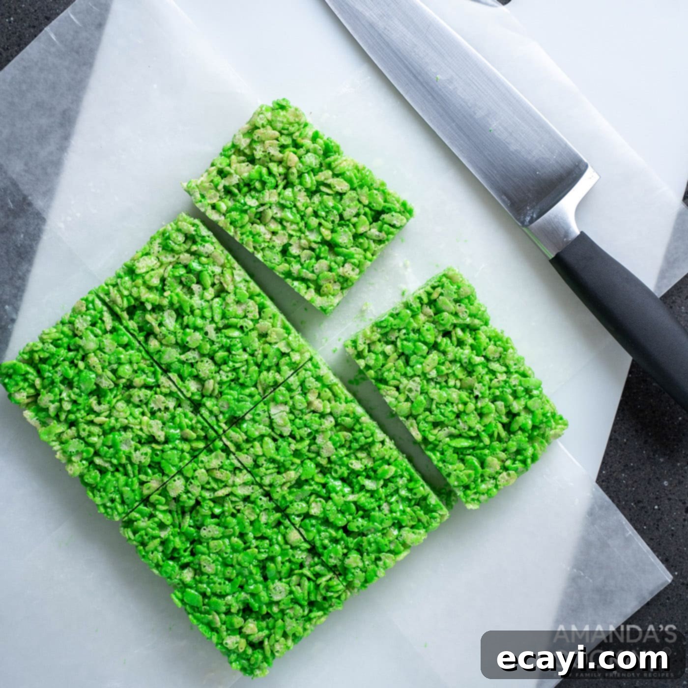 Franken-Crispy Treats 10 sliced green rice krispie treats