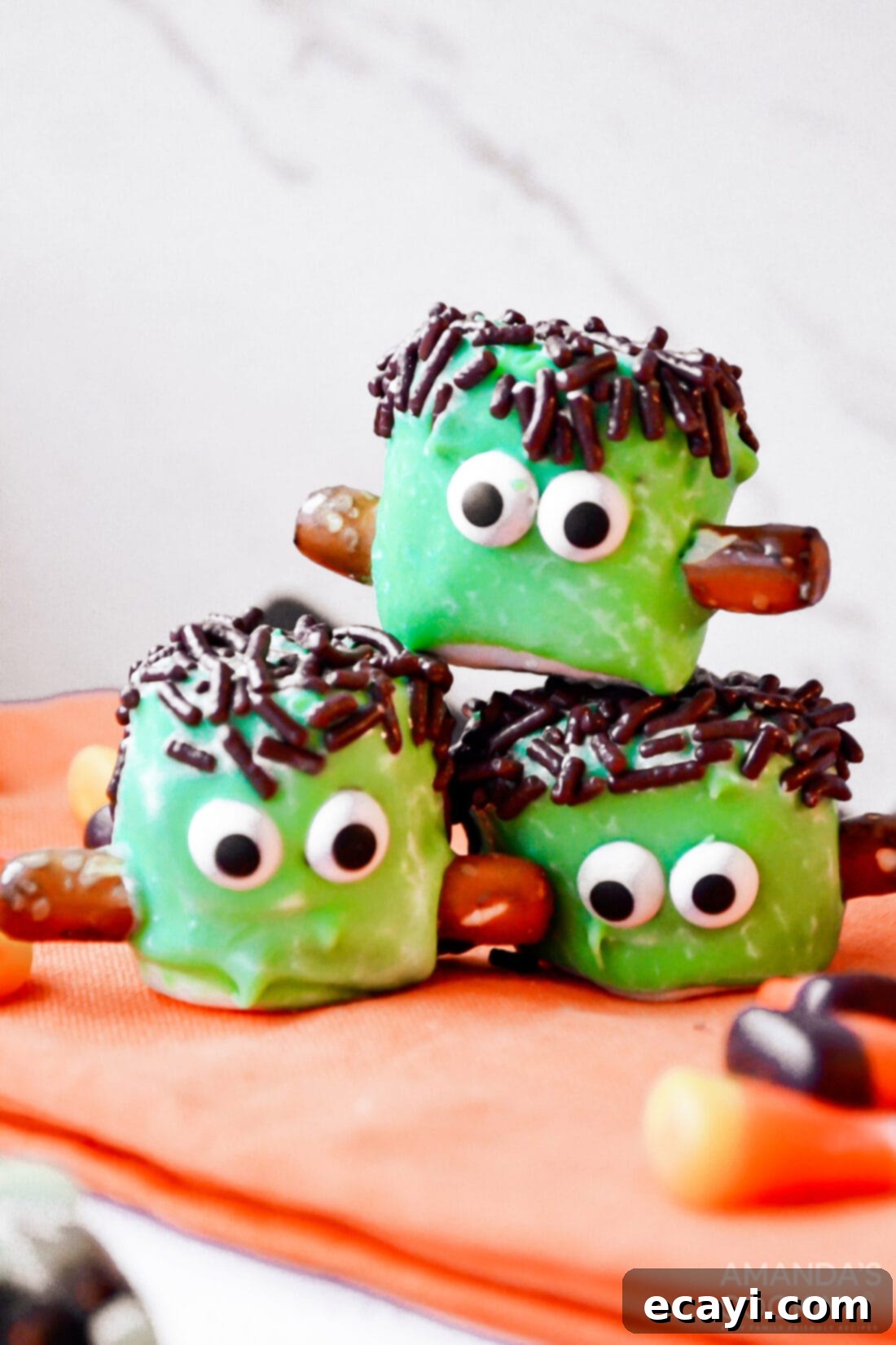 Franken-Mallow Creations 2 Stacked Marshmallow Frankensteins with green chocolate coating and sprinkles
