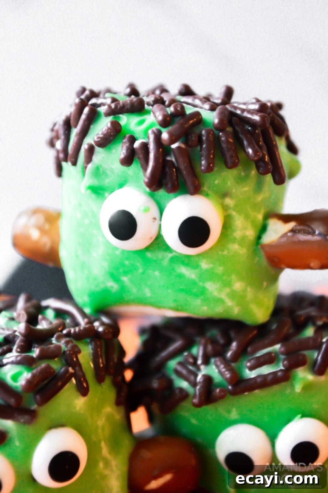 Franken-Mallow Creations 3 Close-up of a decorated Marshmallow Frankenstein treat