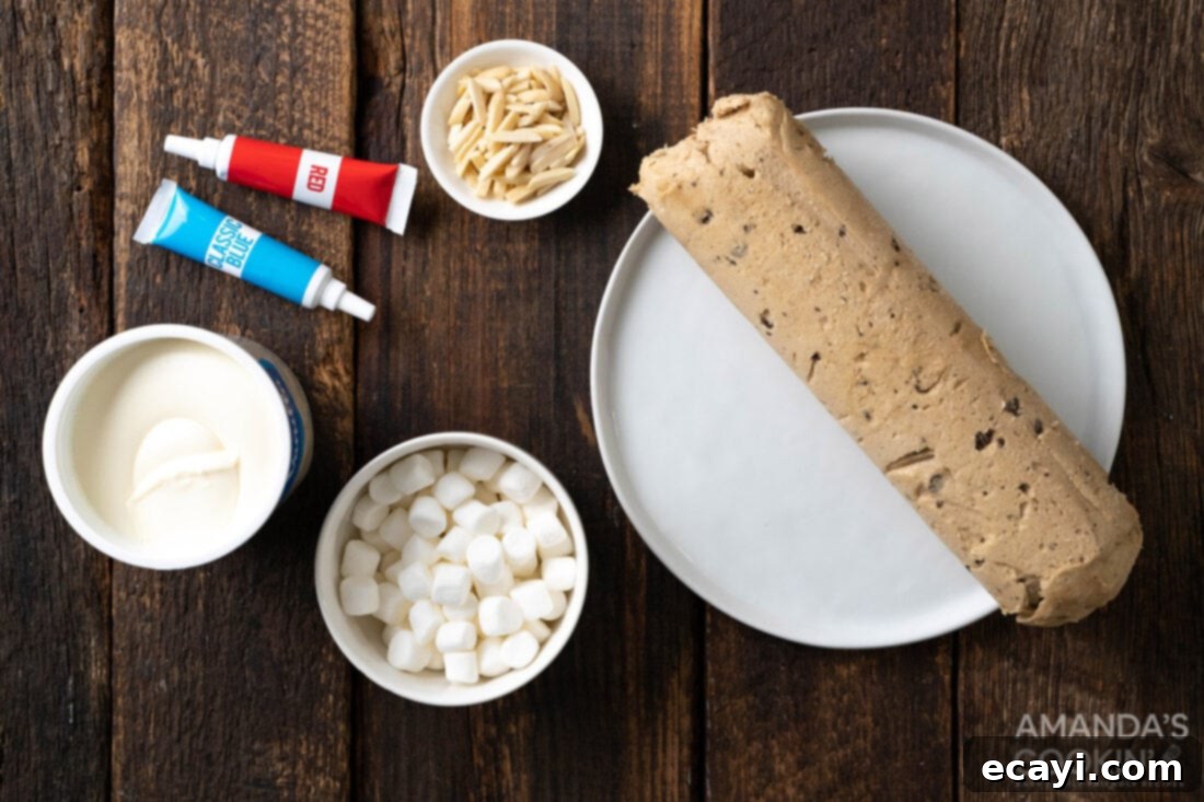Vampire's Kiss Sandwich Cookies 4 Ingredients laid out for Vampire Sandwich Cookies, including cookies, frosting, marshmallows, and almonds