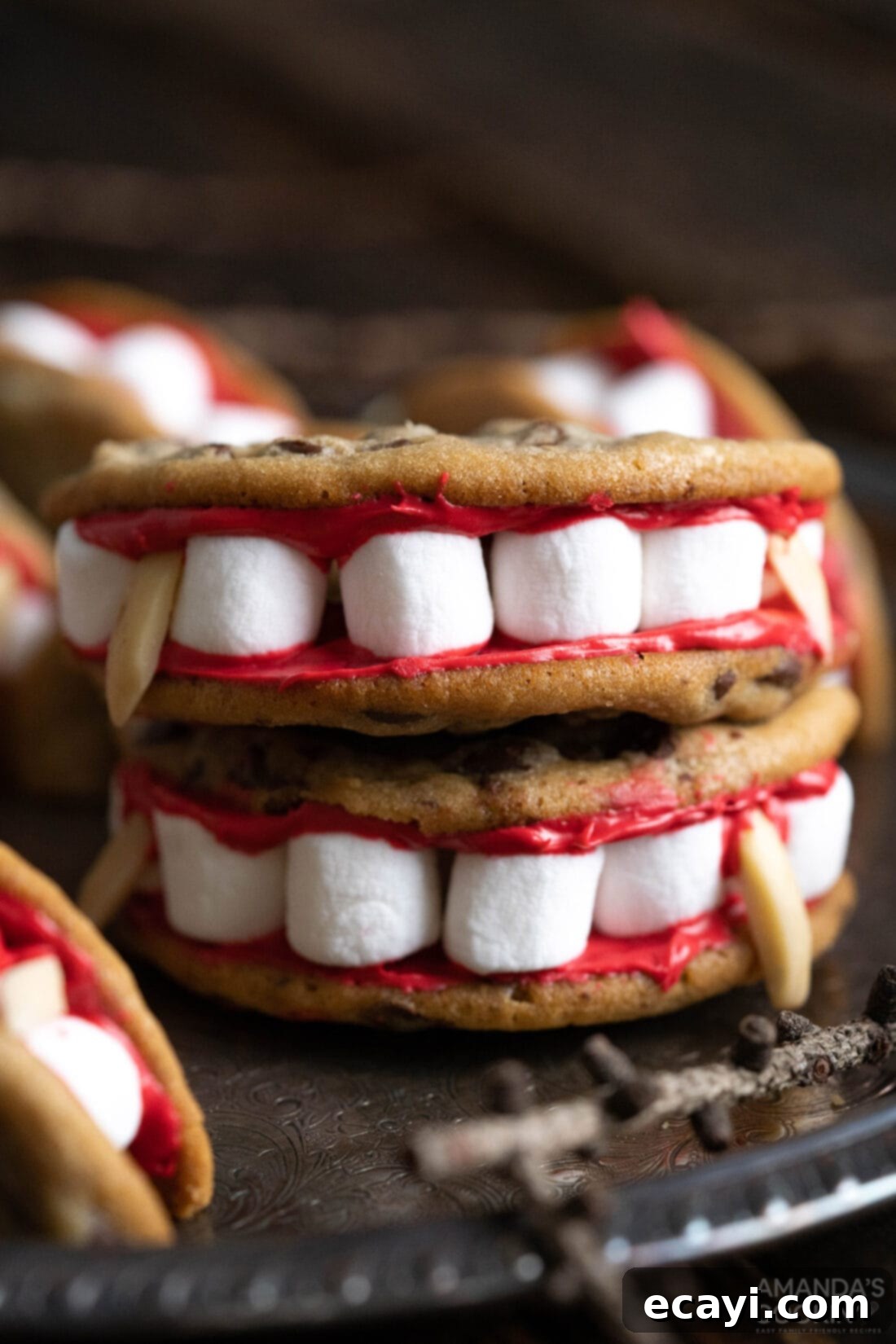 Vampire's Kiss Sandwich Cookies 9 Multiple Vampire Sandwich Cookies arranged artfully, showing their spooky detail