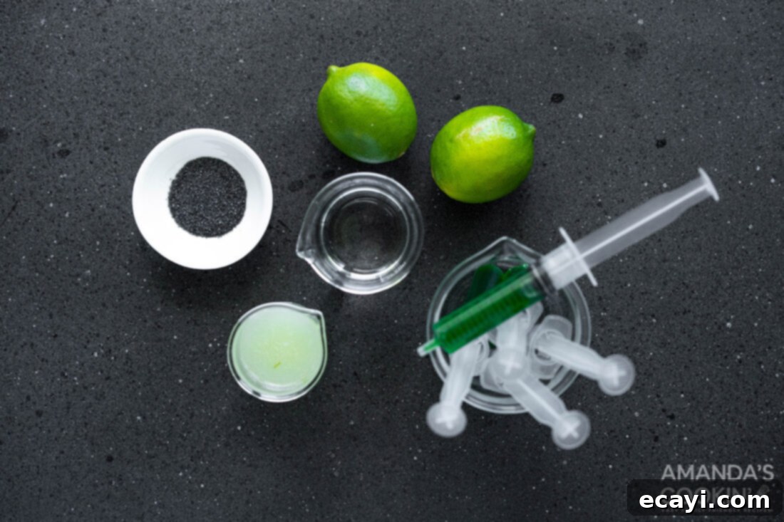 The Reanimated Margarita 4 Various ingredients laid out for making Frankenstein Margarita, including lime, tequila, corn syrup, and food coloring.