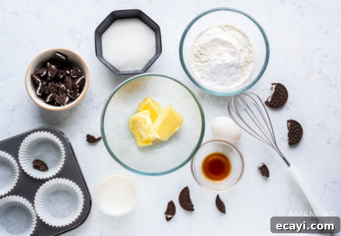 Ultimate Oreo Cupcakes 4 A flat lay of all the ingredients required for making Oreo Cupcakes