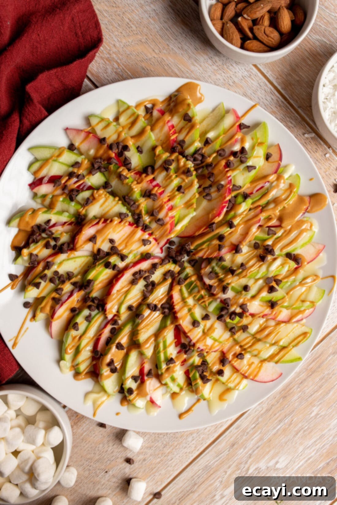 Orchard Nachos 2 plate of Apple Nachos with various toppings