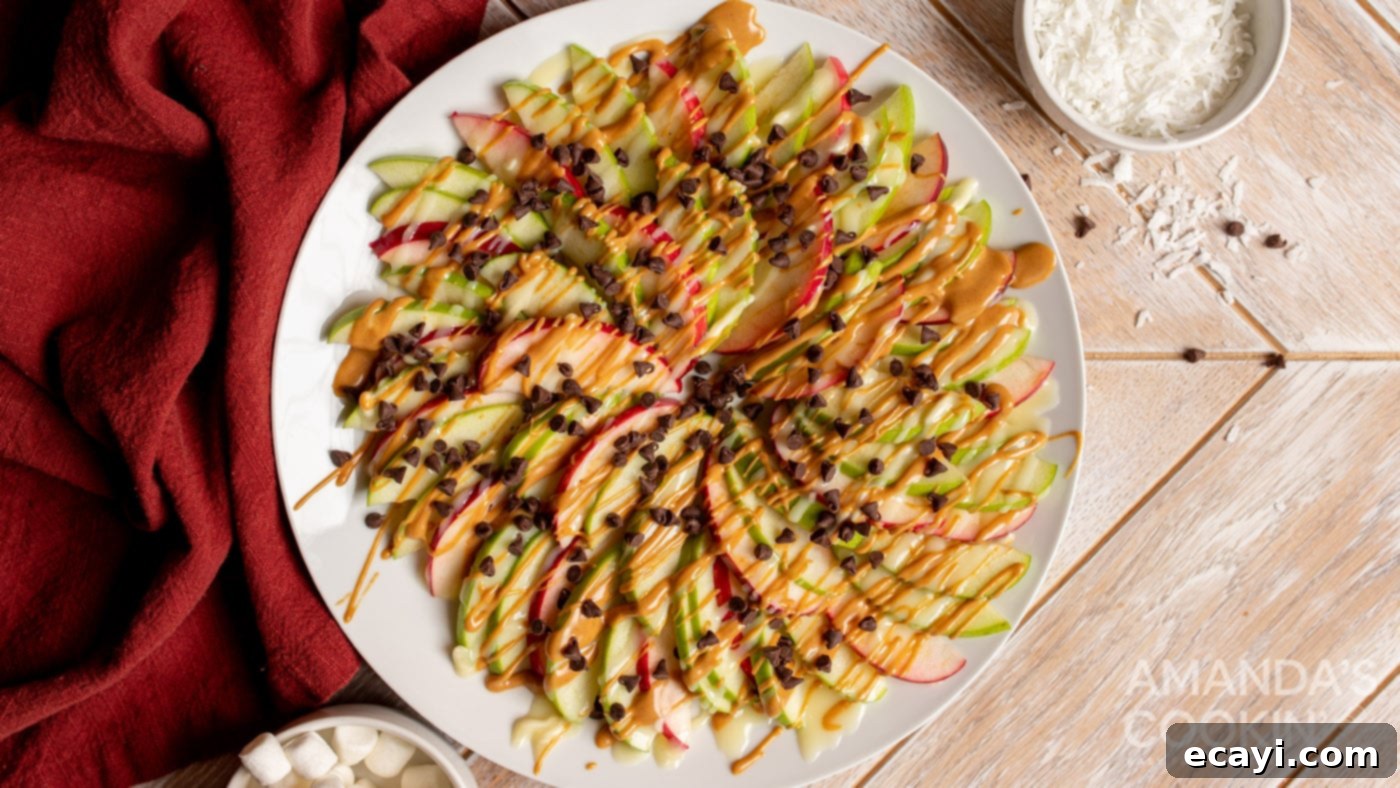 Orchard Nachos 6 Apple Nachos topped with peanut butter, chocolate chips, and other delicious ingredients