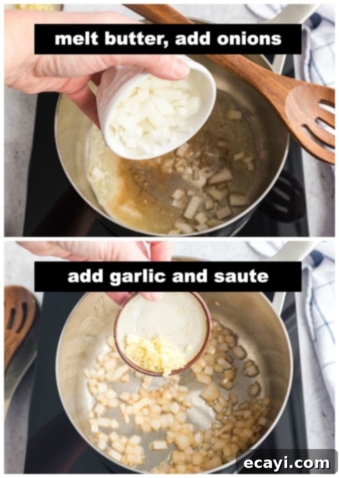 Creamy Cheddar Potato Soup 3 Close-up of chopped onions and minced garlic being sautéed in melted butter in a large saucepan