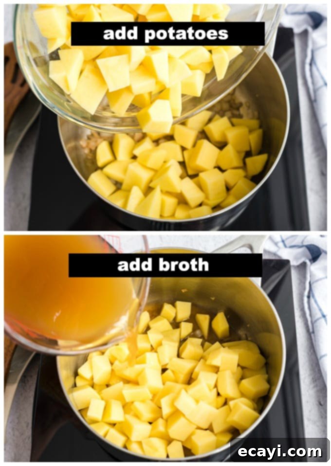Creamy Cheddar Potato Soup 4 Potatoes and chicken broth being added to sautéed onions and garlic in a saucepan, ready to simmer