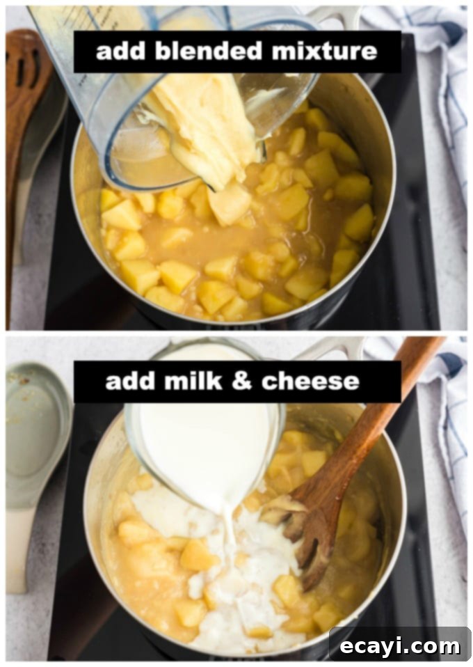 Creamy Cheddar Potato Soup 6 The blended potato mixture being poured back into the saucepan with the rest of the soup, ready for milk and seasoning