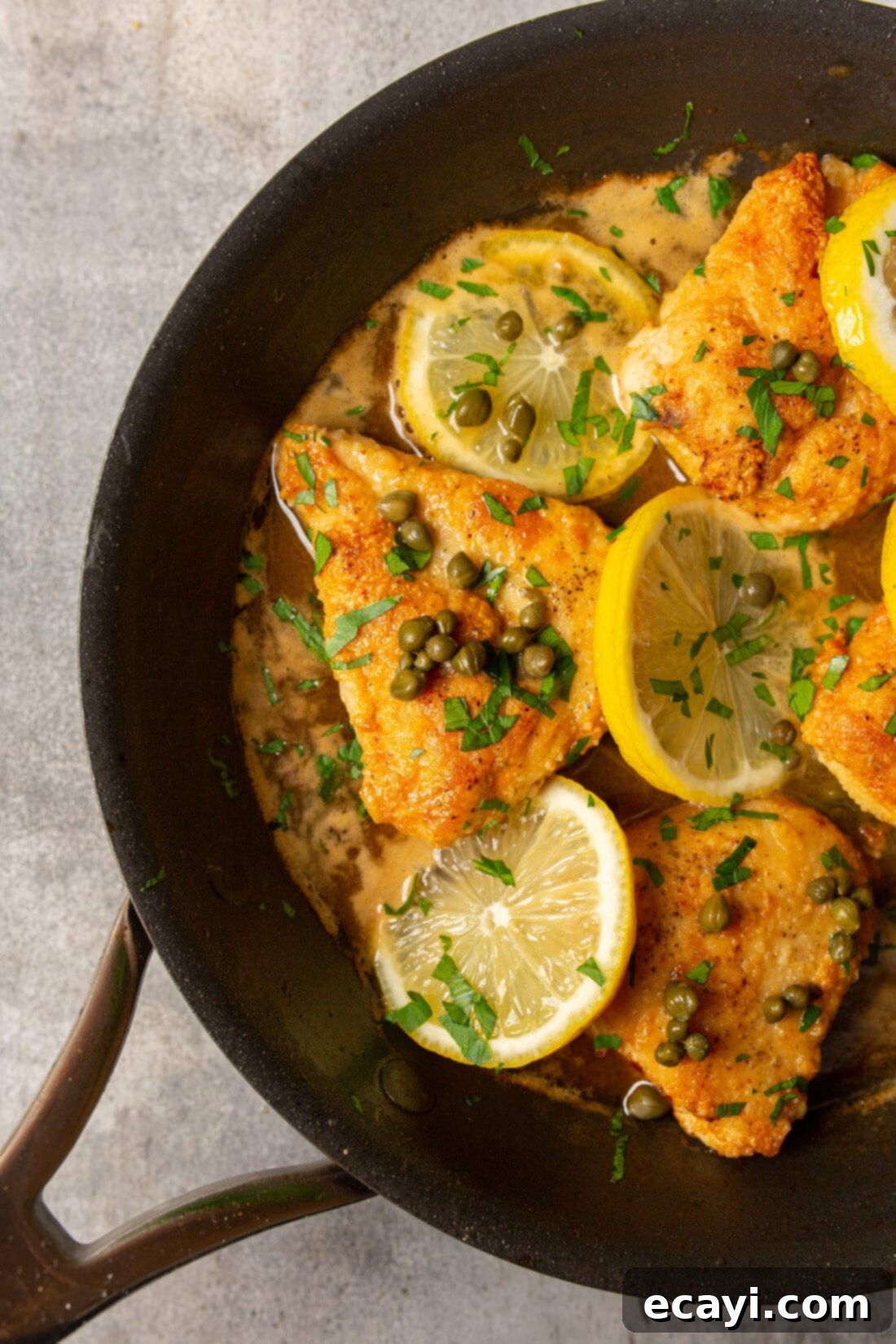Lemon Caper Chicken 2 Pan of golden brown Chicken Piccata with lemon slices and capers.
