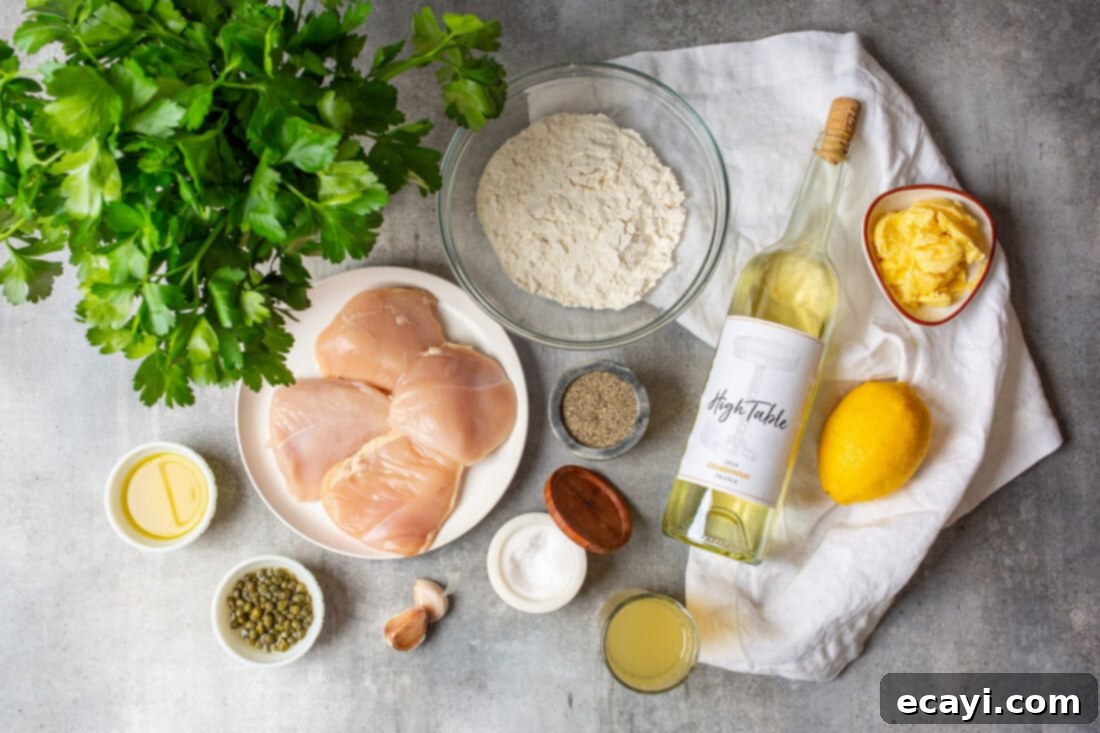 Lemon Caper Chicken 4 All ingredients laid out for making Chicken Piccata: chicken breasts, lemons, capers, butter, wine, flour, garlic, and parsley.