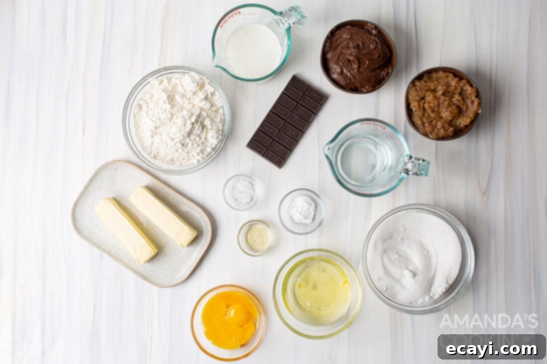 Decadent Coconut Pecan Chocolate Cake 4 German Chocolate Cake ingredients laid out on a kitchen counter