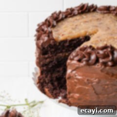 Decadent Coconut Pecan Chocolate Cake 10 German Chocolate Cake with a slice removed, showing all layers