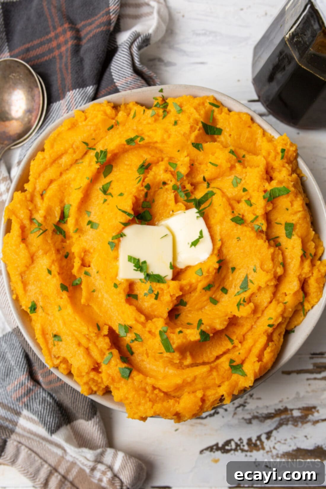 Creamy Sweet Potato Mash 3 overhead view of a bowl of Mashed Sweet Potatoes