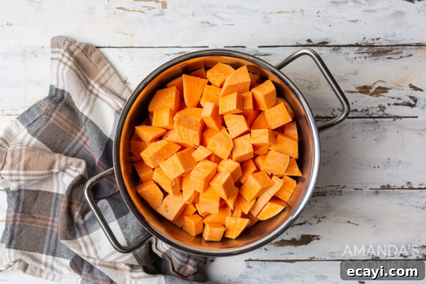 Creamy Sweet Potato Mash 5 cubed sweet potatoes in a pot