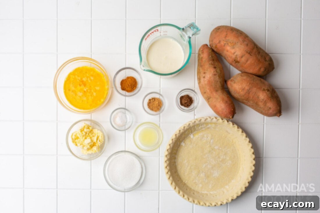 Classic Sweet Potato Pie 4 ingredients for Sweet Potato Pie laid out on a table