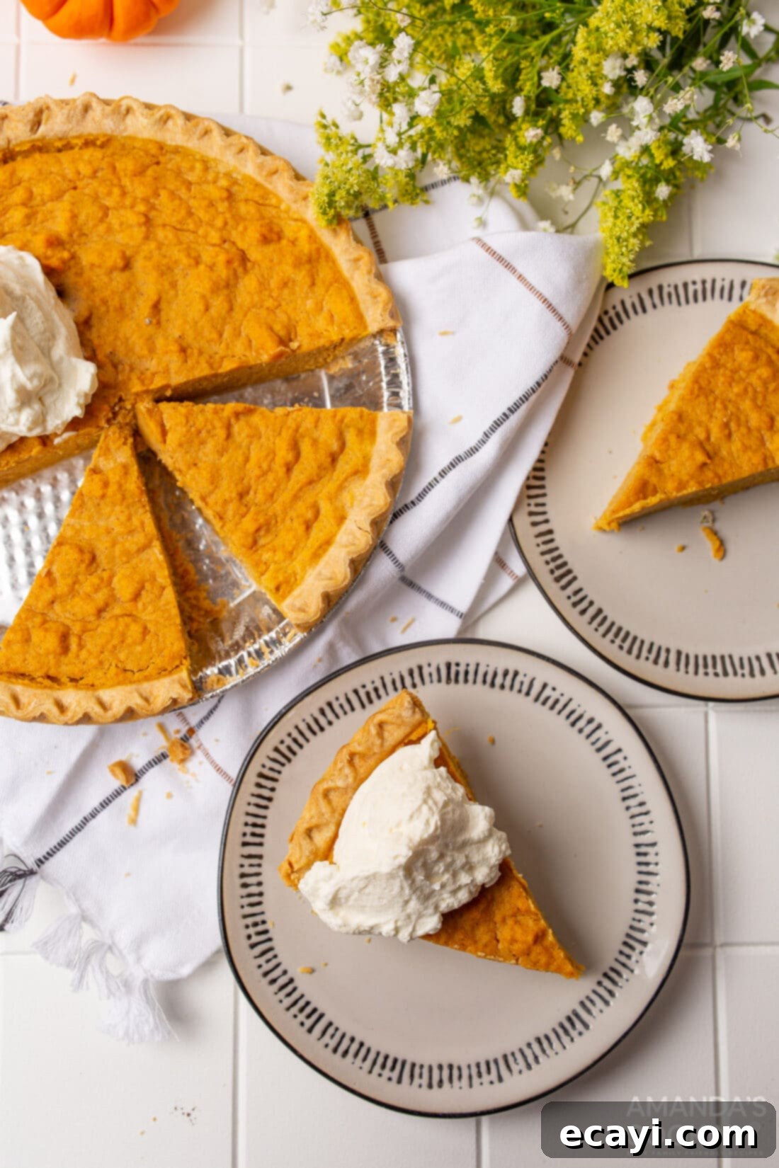 Classic Sweet Potato Pie 8 overhead view of a whole Sweet Potato Pie with a slice removed