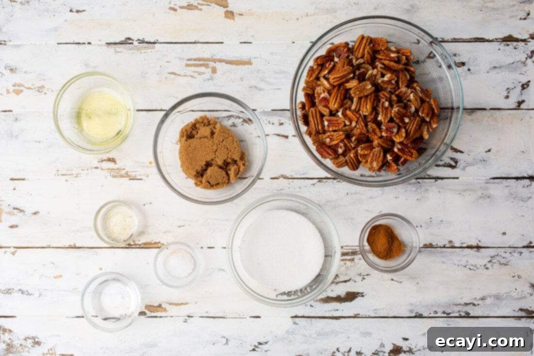 Sweet Pecan Delights 4 A flat lay of all the ingredients needed to make homemade candied pecans: brown sugar, white sugar, cinnamon, salt, egg whites, water, vanilla extract, and pecan halves