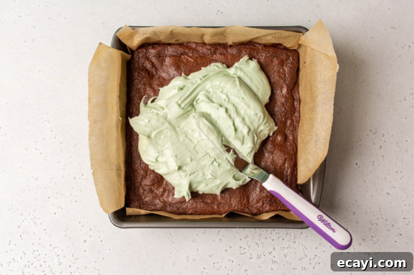 Decadent Mint Chocolate Brownies 11 mint frosting spread onto brownies