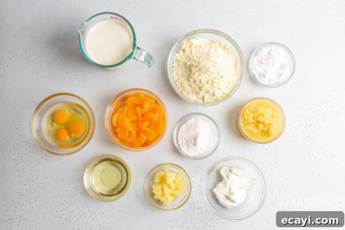 Sunshine Pineapple Orange Cake 4 Collection of ingredients laid out for making Orange Pineapple Cake