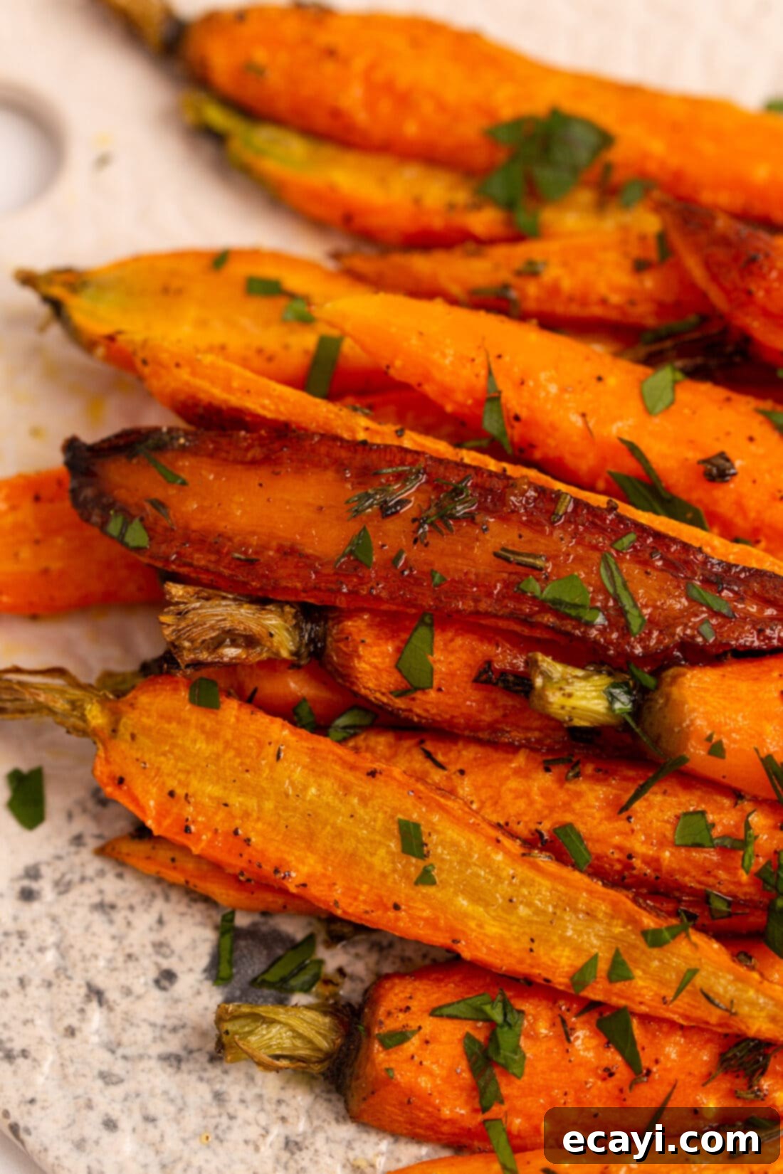 Golden Glazed Carrots 3 close up of perfectly roasted carrots with herbs
