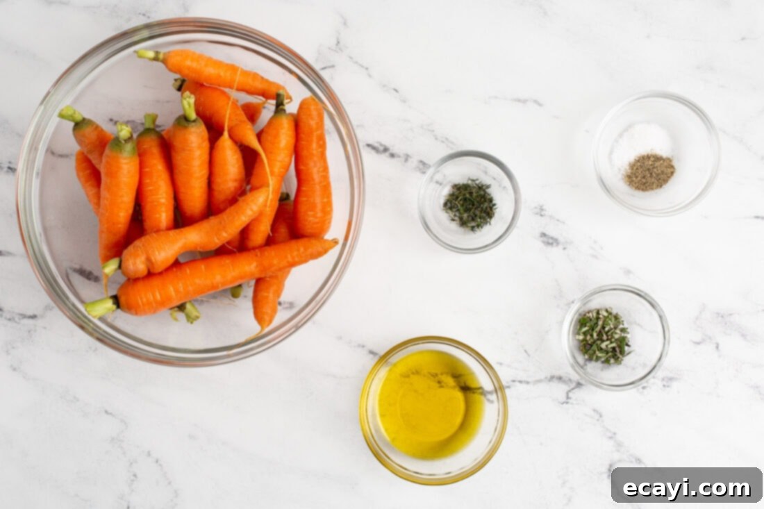 Golden Glazed Carrots 4 ingredients for Roasted Carrots including fresh herbs, carrots, oil, salt, and pepper