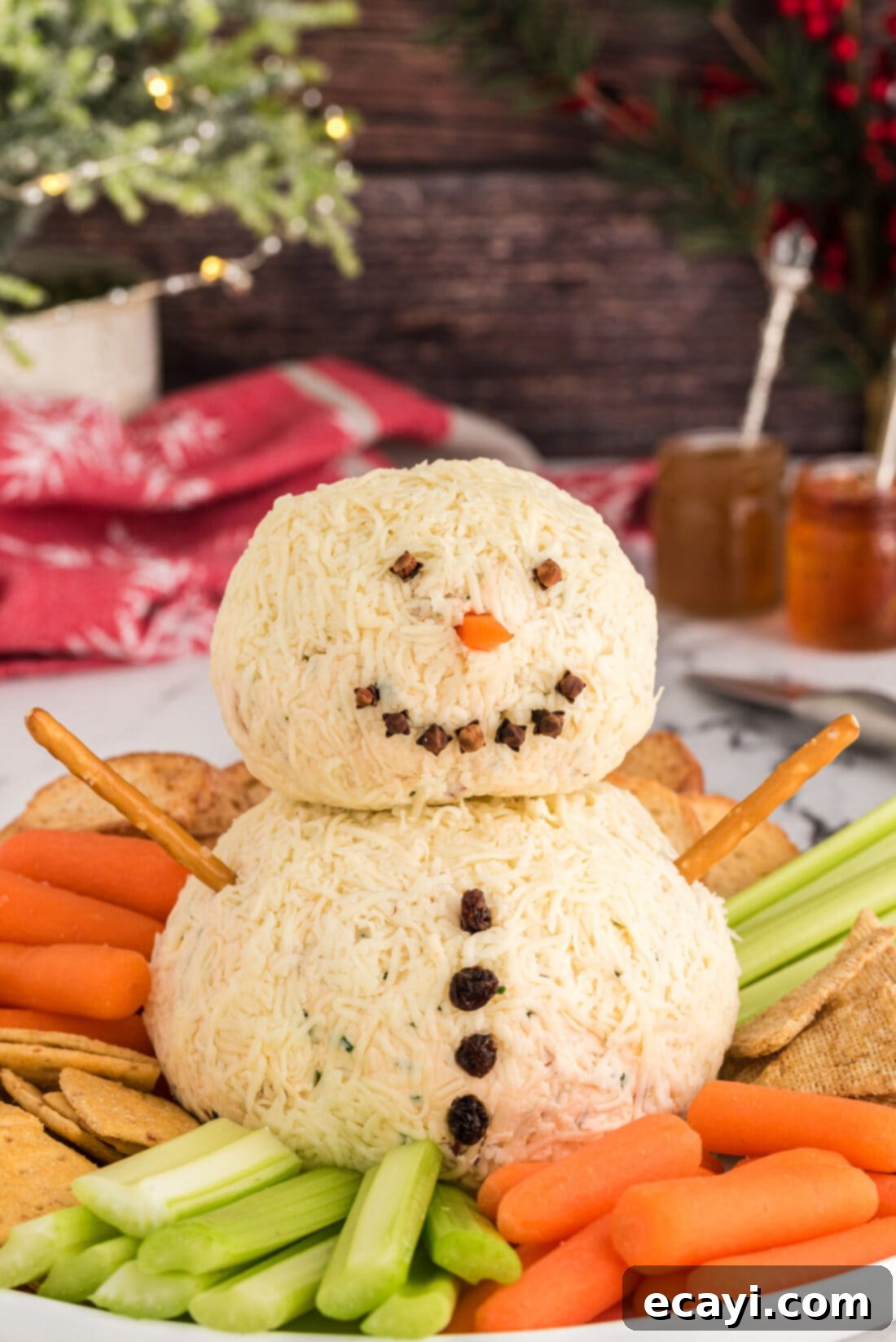 Jolly Snowman Cheeseball 2 Snowman Cheeseball with veggies