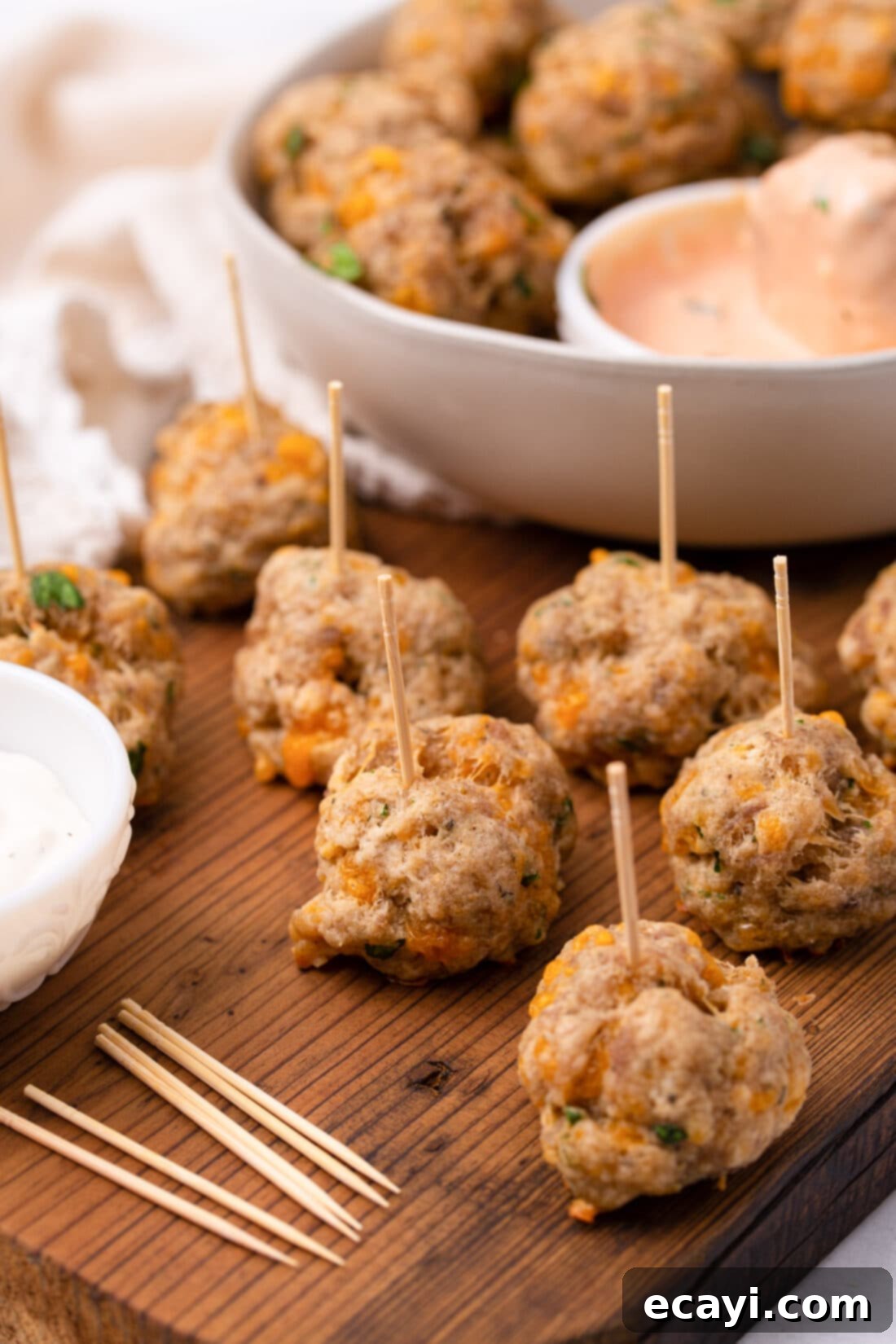 Savory Sausage Bites 6 Savory 4-Ingredient Sausage Balls on toothpicks, ready to serve