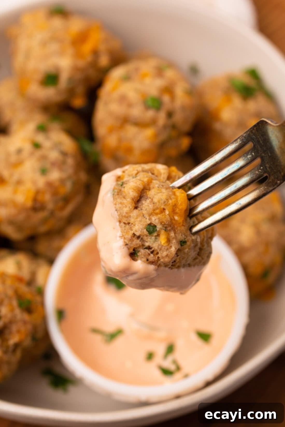 Savory Sausage Bites 3 Delicious baked sausage balls with a dipping sauce