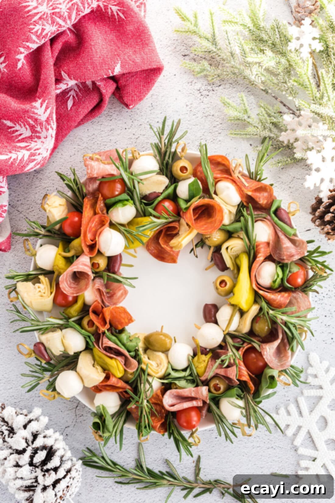 Gourmet Grazing Wreath 9 An overhead view of the complete and vibrant Antipasto Wreath, showcasing its full festive appeal.