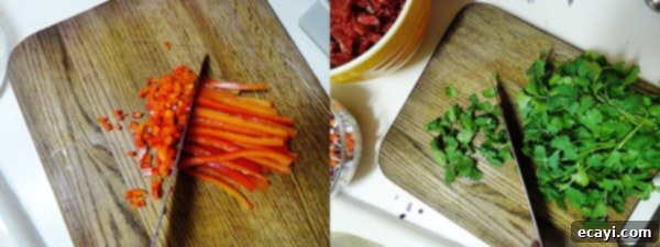 Prepped Vegetables for Tacos Diced red onion and red bell pepper in separate bowls, ready for the skillet.