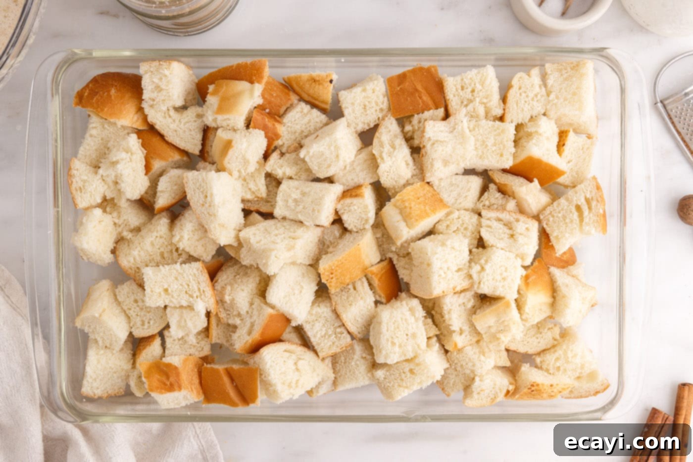 Homemade Bread Pudding Perfection 5 cubed bread in a baking dish