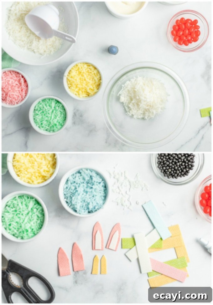 Hoppy Easter Cupcakes 2 Image showing bowls of colored coconut and sticks of gum being trimmed for bunny ears.