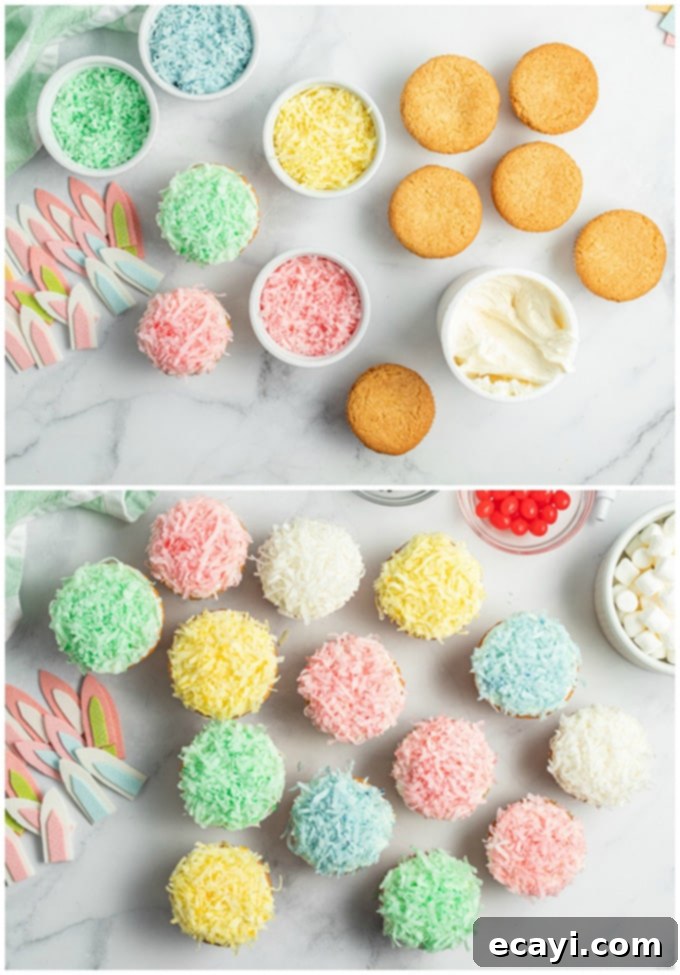 Hoppy Easter Cupcakes 3 A person frosting a cupcake and then dipping it upside down into a bowl of colored coconut.