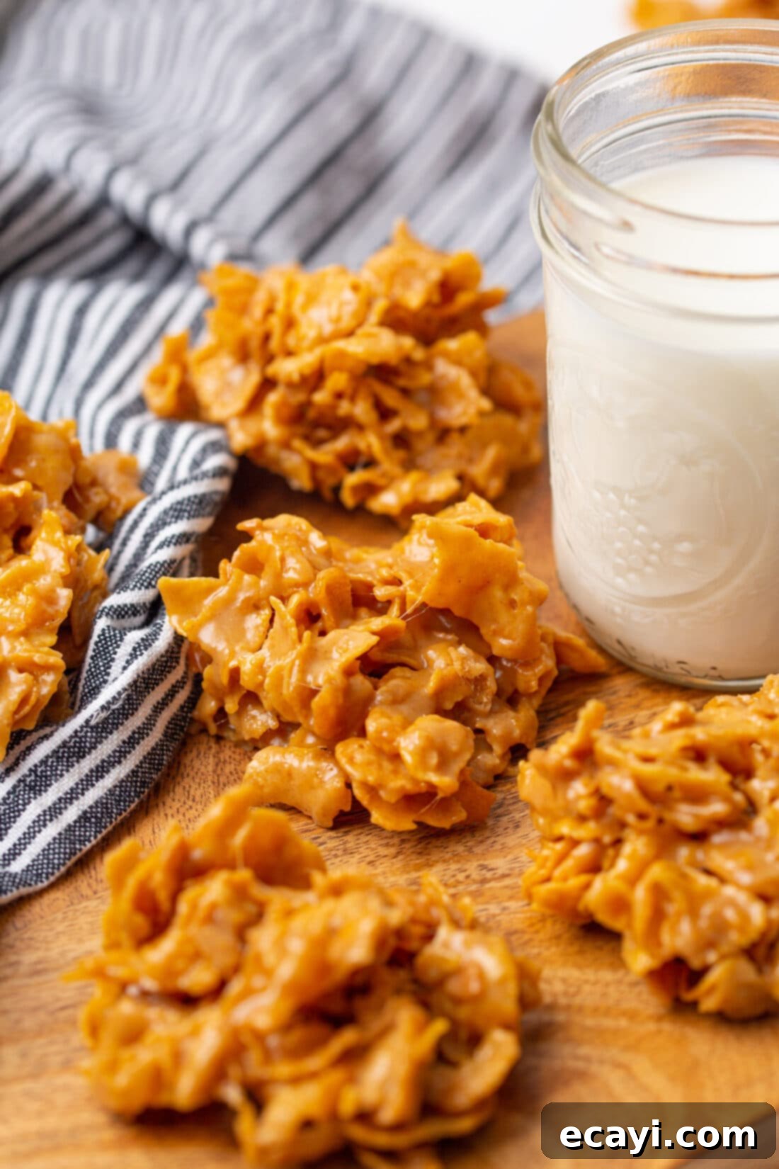 Crunchy Peanut Butter Clusters 2 No Bake Cornflake Cookies with milk