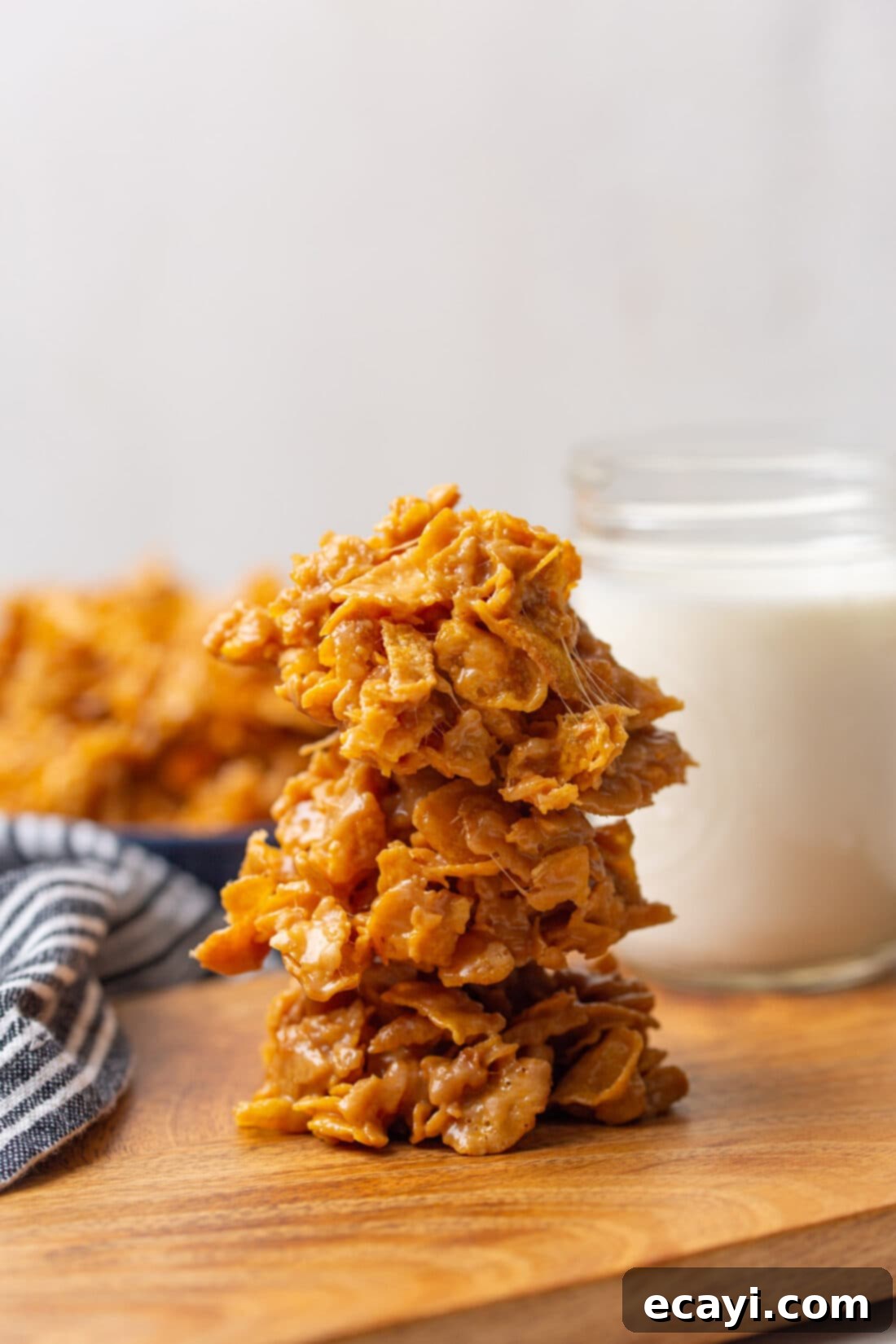 Crunchy Peanut Butter Clusters 3 stack of No Bake Cornflake Cookies