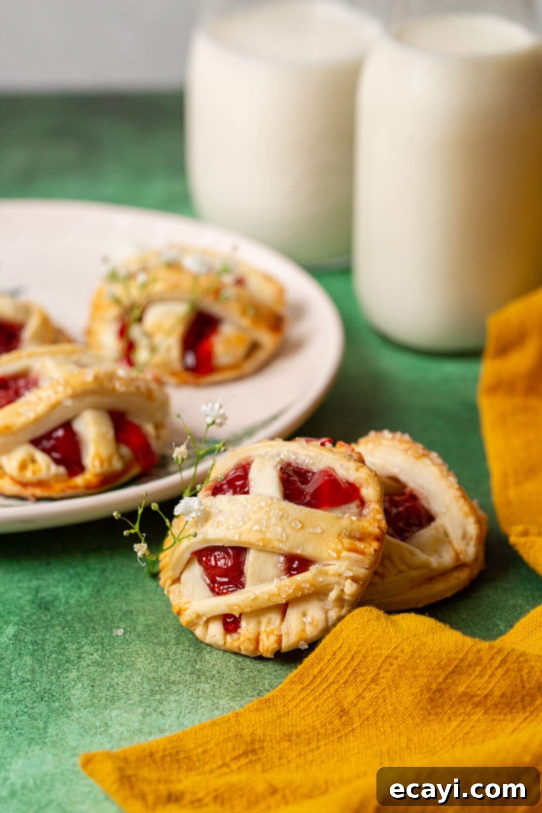 Cherry Pie Bites 3 Close-up of a cherry pie cookie with a charming lattice top next to a stack of cookies