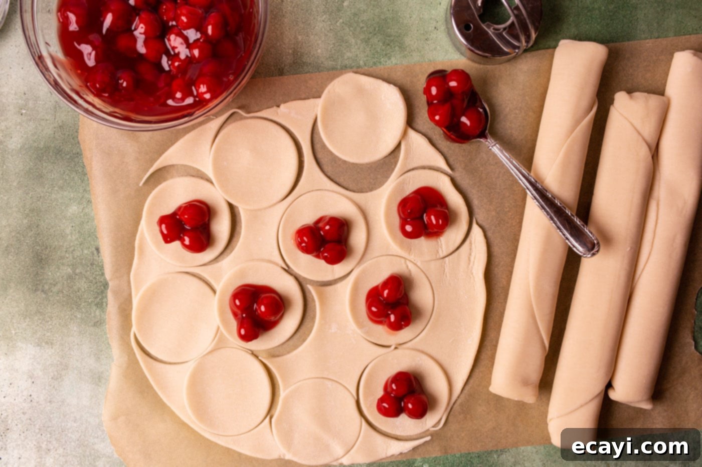 Cherry Pie Bites 5 Cherry pie filling carefully placed into circles of pie dough