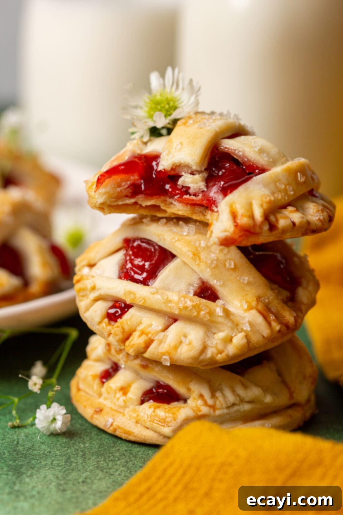 Cherry Pie Bites 9 Stack of freshly baked cherry pie cookies, showcasing their golden crust and perfect size.