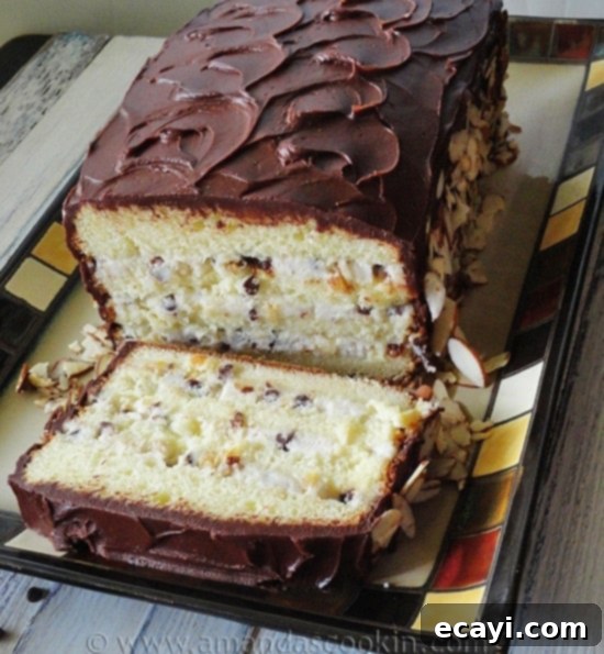 Cassata Cake A second view of a whole Cassata Cake, showcasing its beautiful chocolate frosting and almond garnish