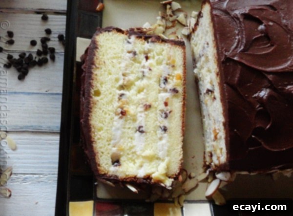 Cassata Cake A close-up of a slice of Cassata Cake, highlighting the creamy ricotta filling and chocolate chips