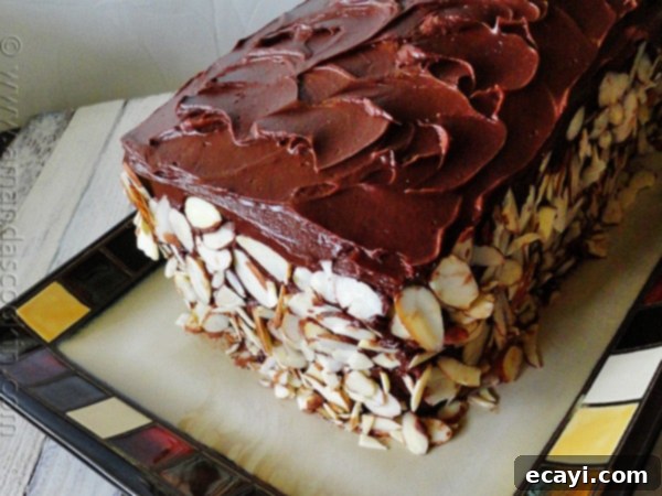 Cassata Cake A richly frosted chocolate cake garnished with almond slices, resembling a delicious Cassata