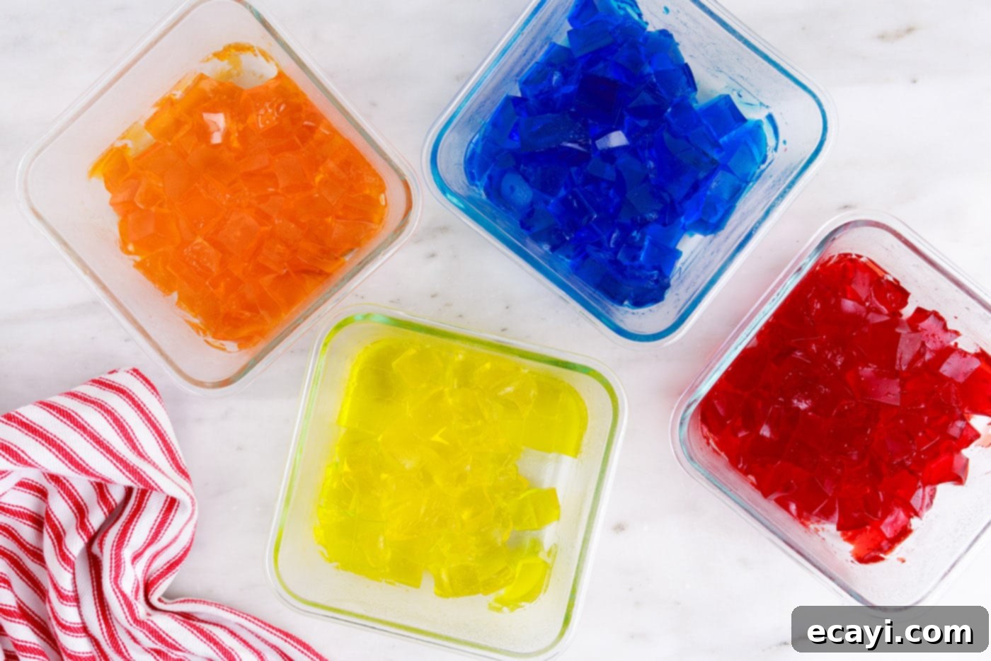 Mosaic Jello Jewels 7 cubed jello in containers