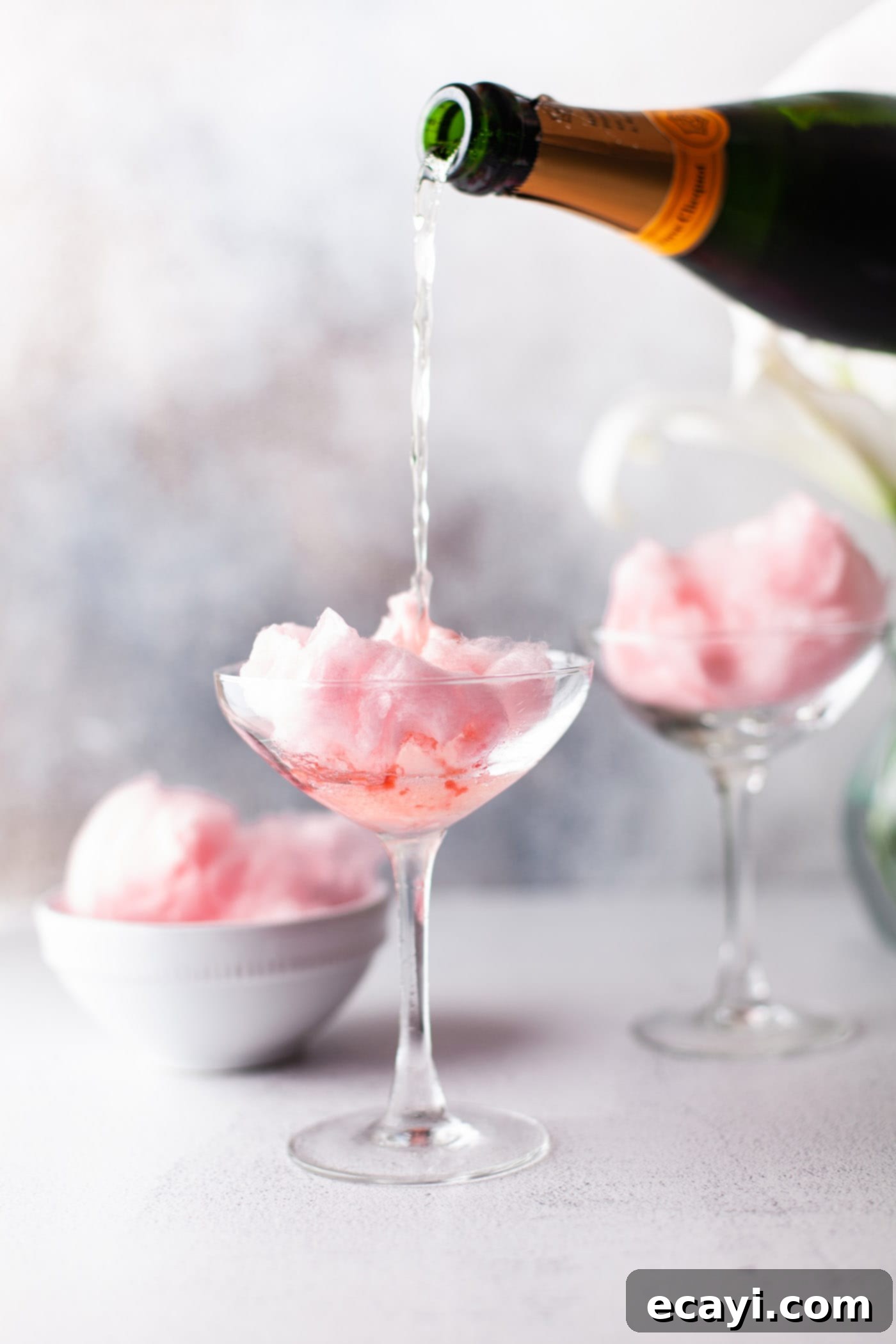 Whimsical Effervescence 5 pouring champagne over cotton candy, watching it dissolve