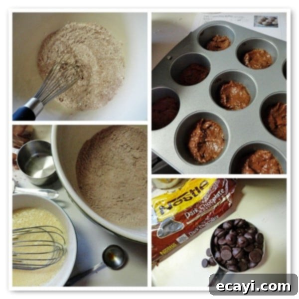 Starbuck's Hot Cocoa Chocolate Chip Muffins Muffin batter being prepared, showing the technique to prevent chocolate chips from sinking.