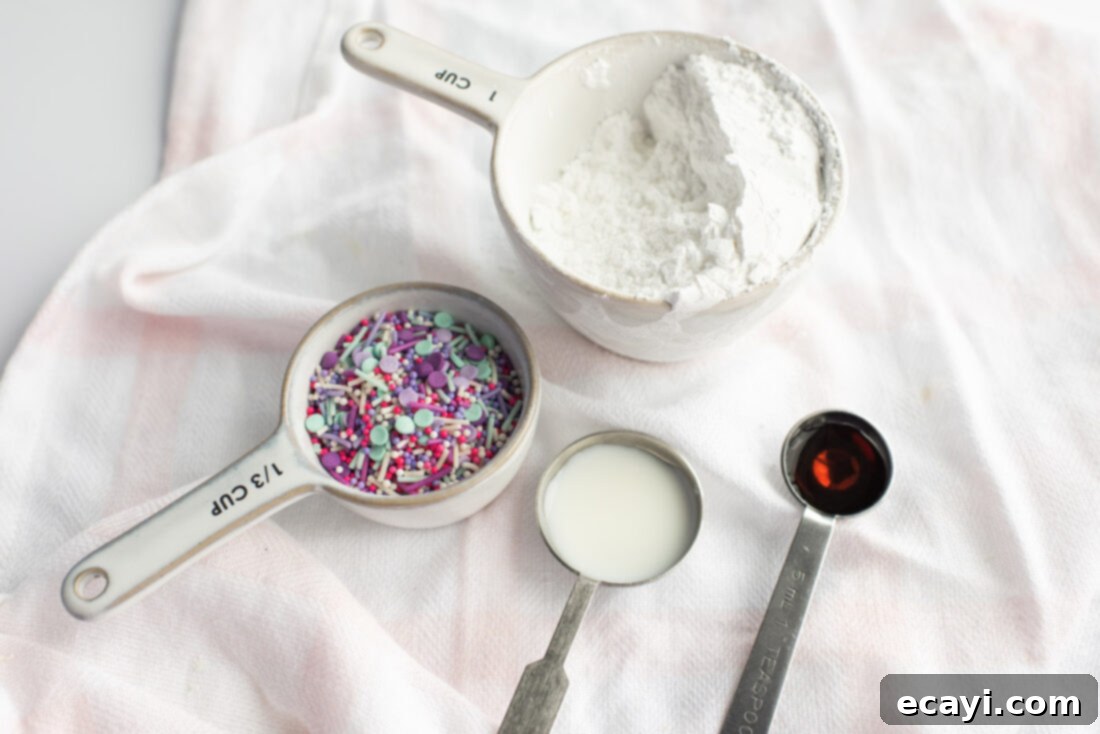 Enchanted Rainbow Bundt 5 Ingredients for the vanilla glaze: powdered sugar, milk, and vanilla extract.