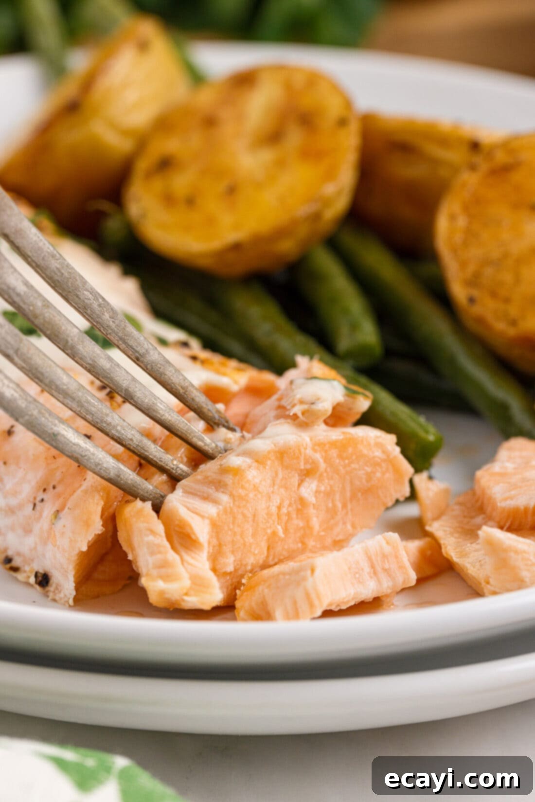 Oven Roasted Salmon Perfection 3 Fork gently flaking perfectly baked salmon to show its tender texture