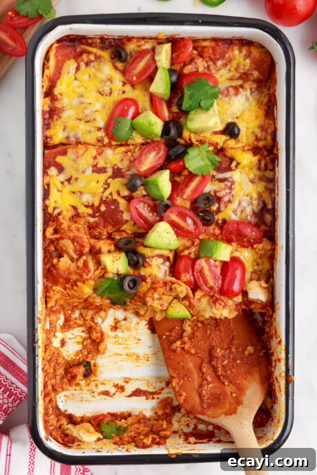Cheesy Chicken Enchilada Bake 2 A generous serving of bubbly Chicken Enchilada Casserole on a plate, garnished with fresh cilantro.