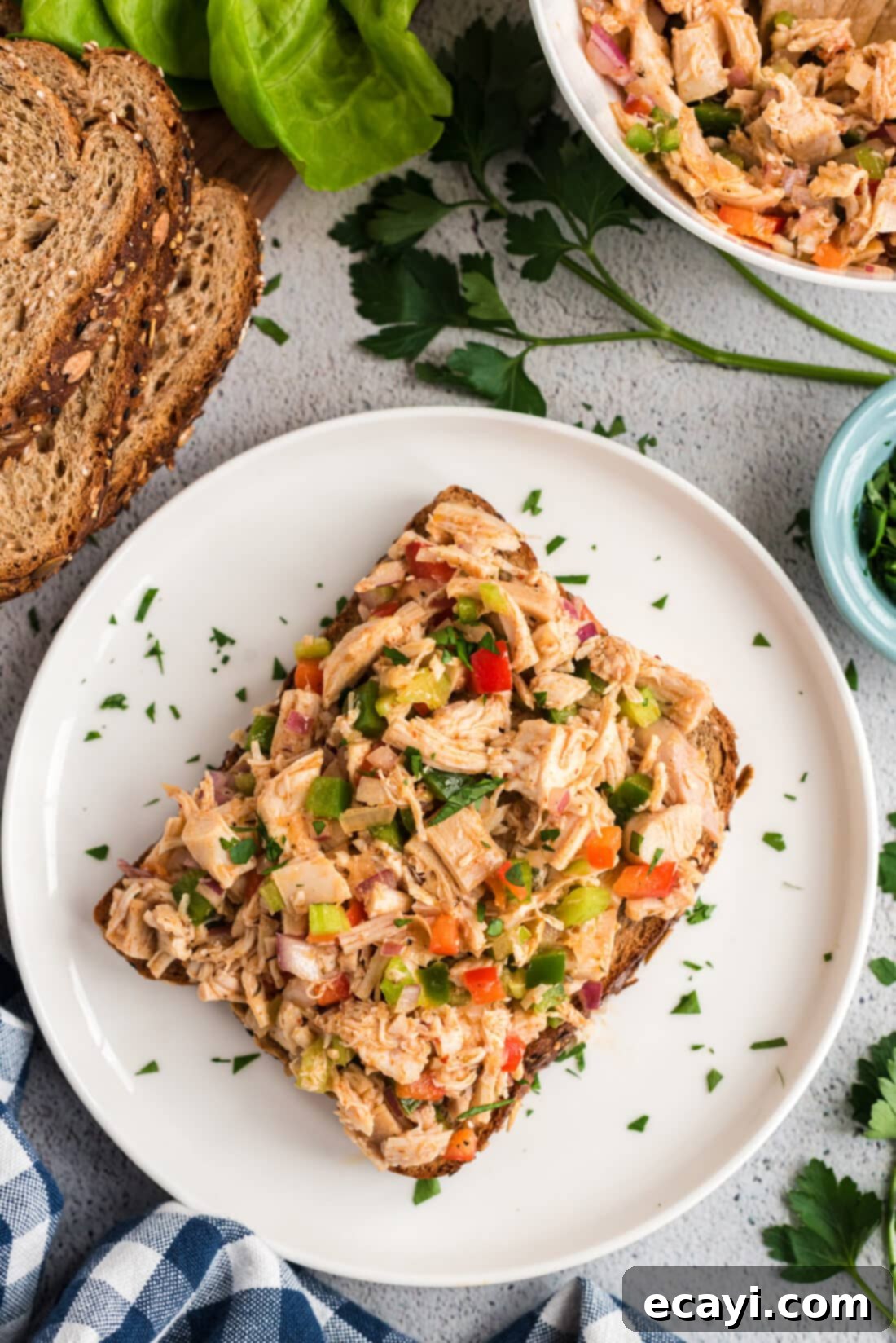 Bayou Chicken Salad 3 A generous serving of Cajun Chicken Salad spread on a slice of rustic toasted bread, garnished with fresh parsley, highlighting its versatility as a sandwich filling or open-faced toast.