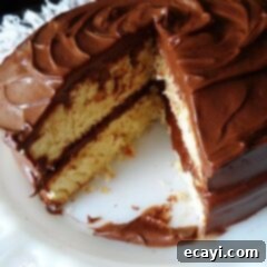 Mama's Golden Yellow Cake 2 A photo of a classic yellow cake covered in chocolate frosting with a slice removed.