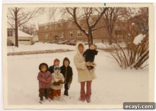 Family Memories: Christmas 1969 in America Vintage family photo from Christmas 1969, depicting children and mother after immigrating from England.